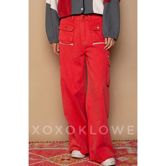POL Red Cargo Pants Wide Leg Loose Slouchy Fit - Picture 13 of 15